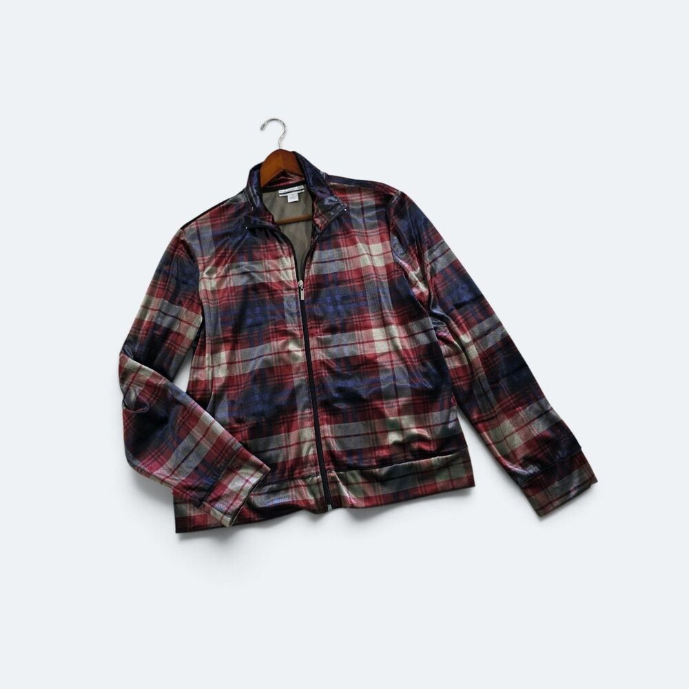 Mirror Image Plaid Women’s Zip Front Jacket Pockets XL Red Blue Stretch NWT